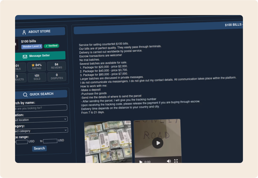 Web interface showing digital marketplace listings for fake US dollar bills.