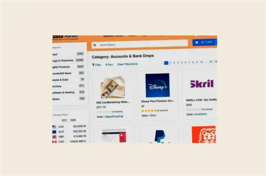 A dark interface displaying secure marketplace categories.